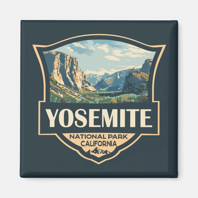 Íman Yosemite National Park Illustration Retro Crachá (Frente)