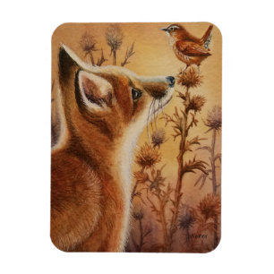 Íman Young Red Fox Carolina Wren Bird Watercolor Art