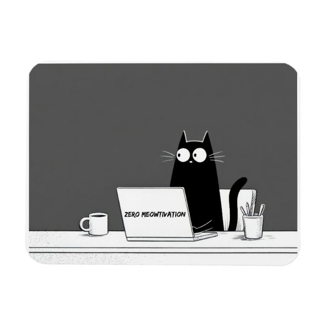 Íman Zero Meowtivation Cat – Funny Lazy Work Cartoon (Horizontal)