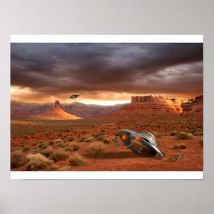 Impacto do UFO no deserto com o poster estrangeiro