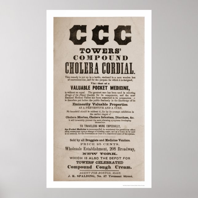 Impressão 1870 da Cólera Medicina Broadside (Frente)