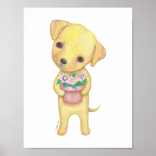 Impressão amarelo do filhote de cachorro do poste