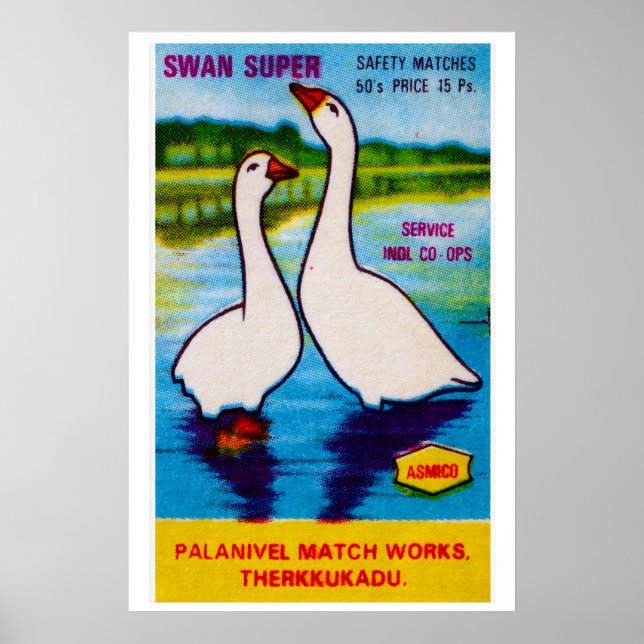 Impressão Artística Caixa de Fósforos Dois Cisnes, (Frente)