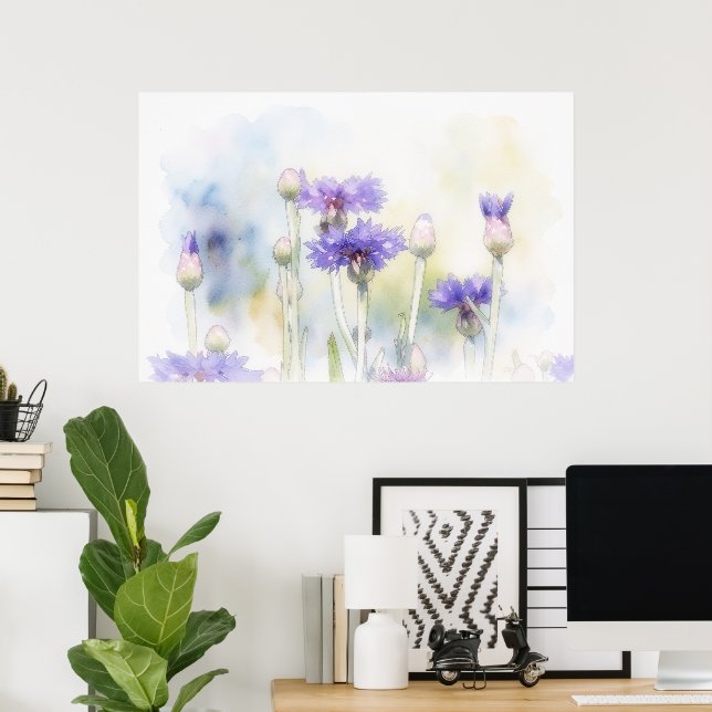 Impressão Artística de Centáurea Azul em Estilo Aq (Escritório em casa)