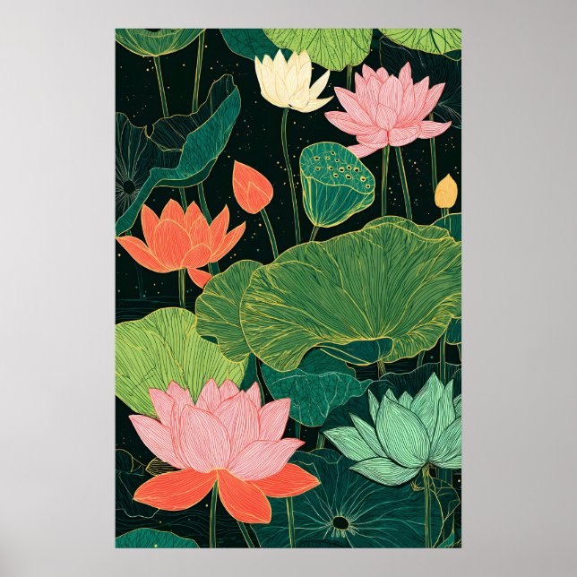 Impressão Artística de Flor de Lótus Linocut Moder (Frente)