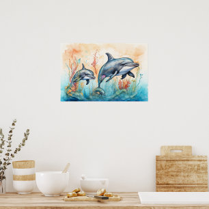 Impressão artística de golfinhos em aquarela