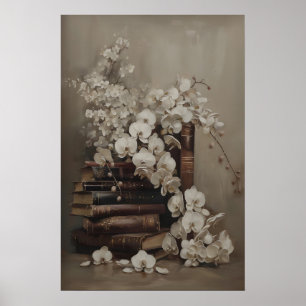 Impressão artística de orquídea vintage e livros a