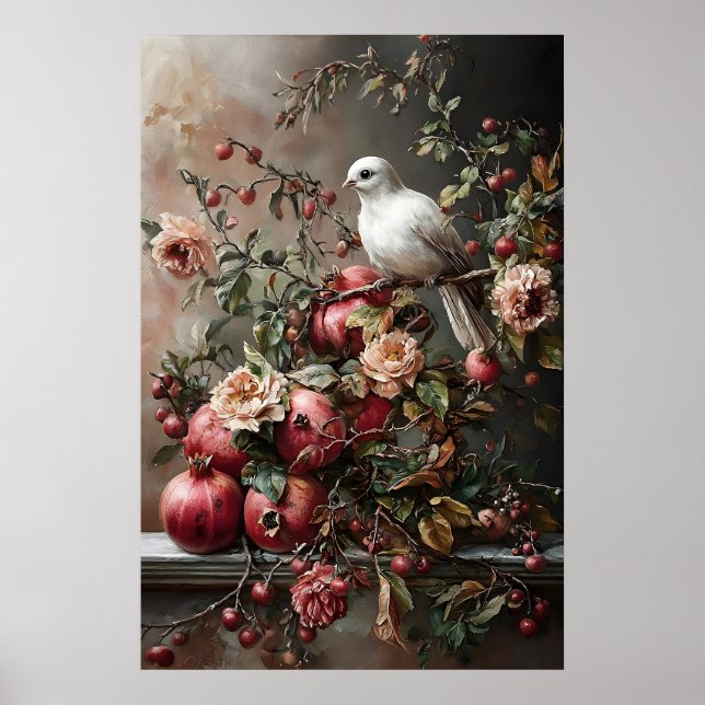 Impressão artística de pombo e romã, Dark Cottagec (Frente)