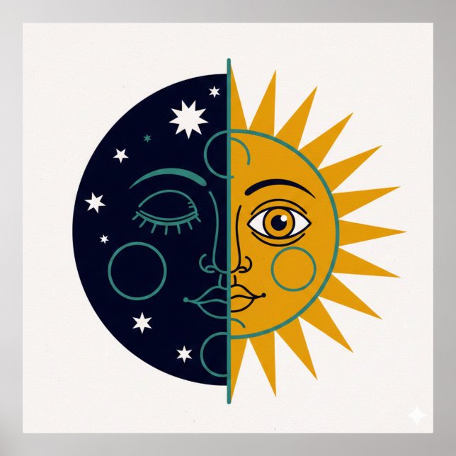 Impressão Artística de Rosto Dividido do Sol e Lua (Frente)