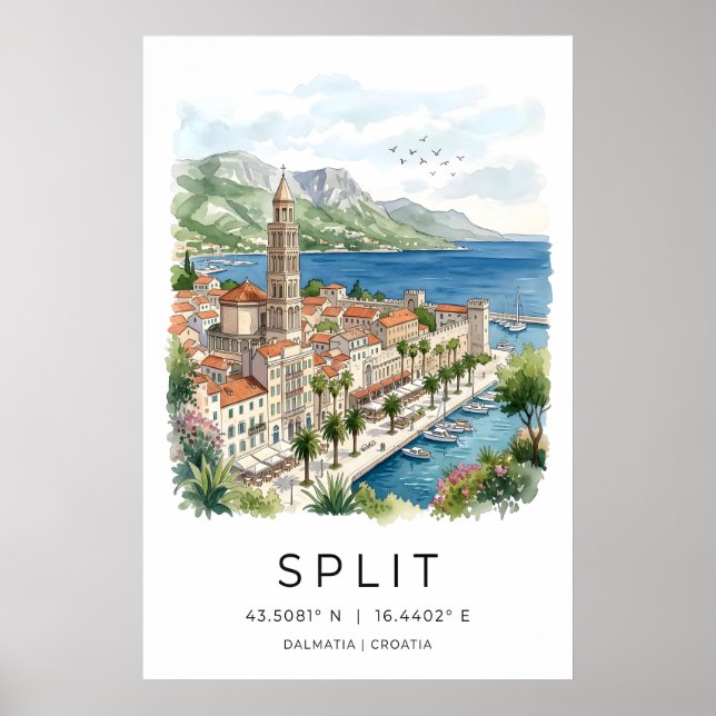Impressão Artística de Split Dalmácia Aquarela Pra (Frente)