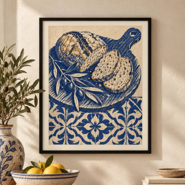 Impressão Artística de Tábua de Pão com Azulejo Az (Styled display of Blue Tile Breadboard Art Print. Frame, mat and furnishings shown for illustration; select framing options separately.)