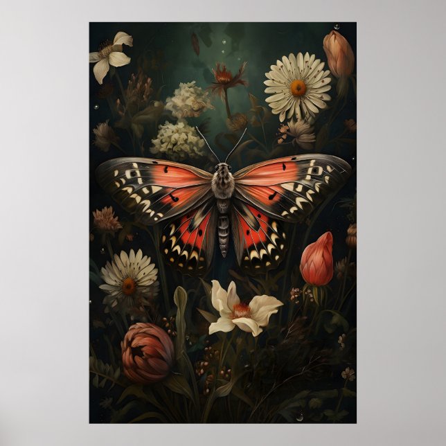 Impressão Botânica de Borboleta Rosa, Floral Vinta (Frente)