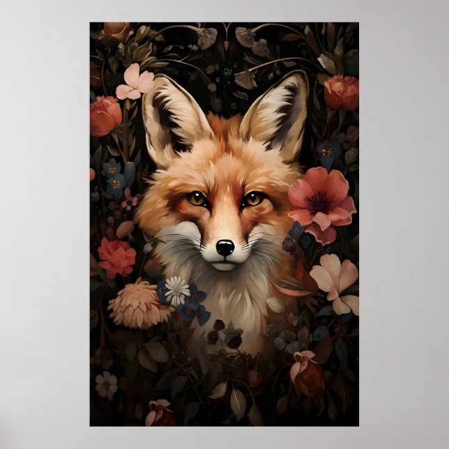 Impressão Botânica de Raposa, Arte Floral Dark Aca (Frente)