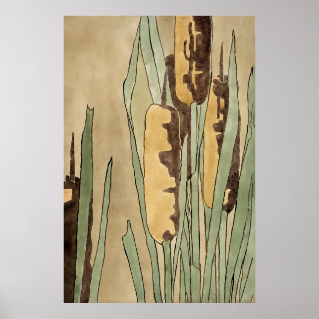 Impressão Botânica de Taboa Vintage Tom Terra (Frente)