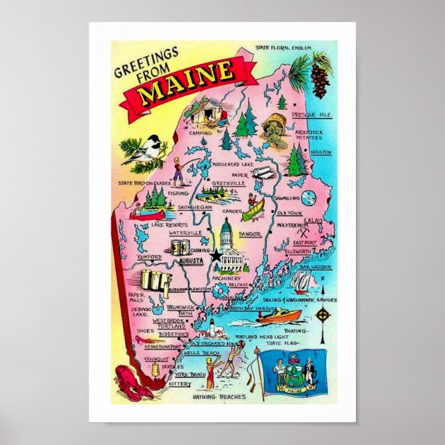 Impressão Colorida de Mapa Antigo do Maine (Frente)