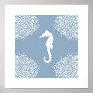 Impressão da arte com cavalo marinho e coral