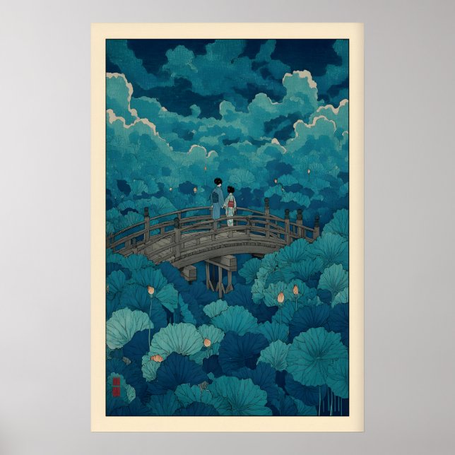Impressão da Lagoa de Lótus de Hasui Kawase, Ponte (Frente)