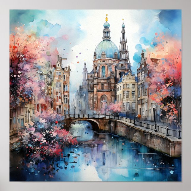 Impressão de Aquarela de Amsterdã Holanda (Frente)