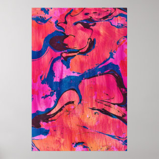 Impressão de Arte Abstrata Estilo Ebru Vermelho Az