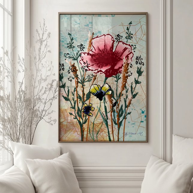 Impressão de Arte Botânica de Flor Silvestre (Large botanical wildflower art print featuring expressive florals in soft watercolor and ink.)