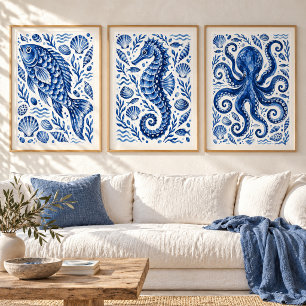 Impressão de Arte Costeira de Cavalo-Marinho Azul 
