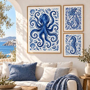 Impressão de Arte Costeira de Polvo Azul Grego