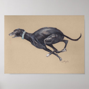 Impressão de Arte de Cachorro Negro Correndo Greyh