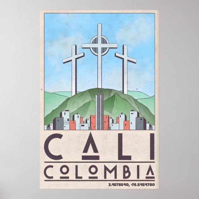 Impressão de Arte de Cali Colômbia Estilo de Viage (Frente)