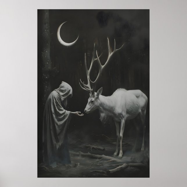 Impressão de Arte de Cervo com Chifres Mágico, Lua (Frente)