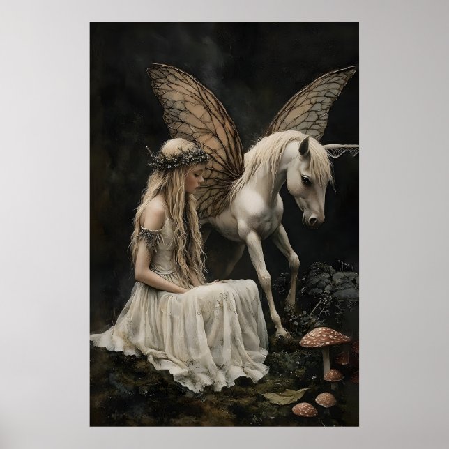 Impressão de Arte de Fada e Pégaso, Dark Academia (Frente)