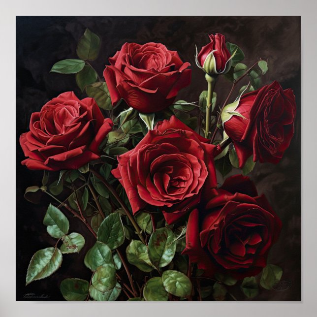 Impressão de Arte de Flores de Rosas Vermelhas Pos (Frente)