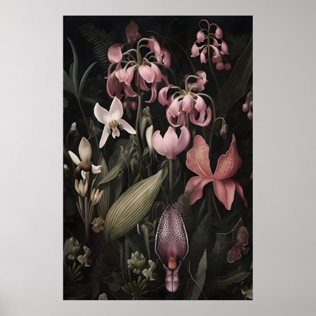 Impressão de Arte de Flores Rosa Tropical, Dark Ac (Frente)