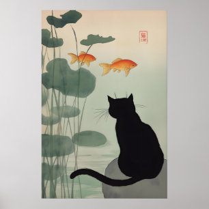 Impressão de Arte de Gato Preto Japonês Lago & Pei