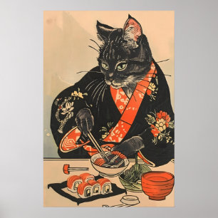 Impressão de Arte de Gato Sushi – Gato de Kimono P