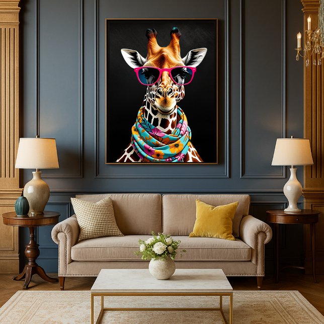 Impressão de Arte de Girafa Divertida Maximalista  (Colorful Maximalist Fun Giraffe Art Print Mockup 1)