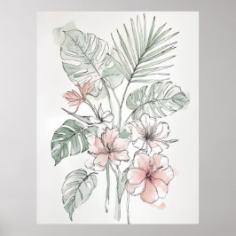 Impressão de Arte de Linha Botânica Tropical na Pa