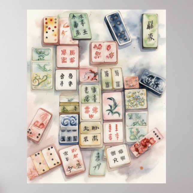 Impressão de Arte de Mahjong em Aquarela (Frente)