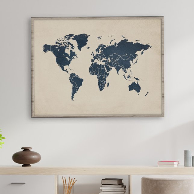 Impressão de Arte de Mapa Mundial em Azul Naval e  (Criador carregado)