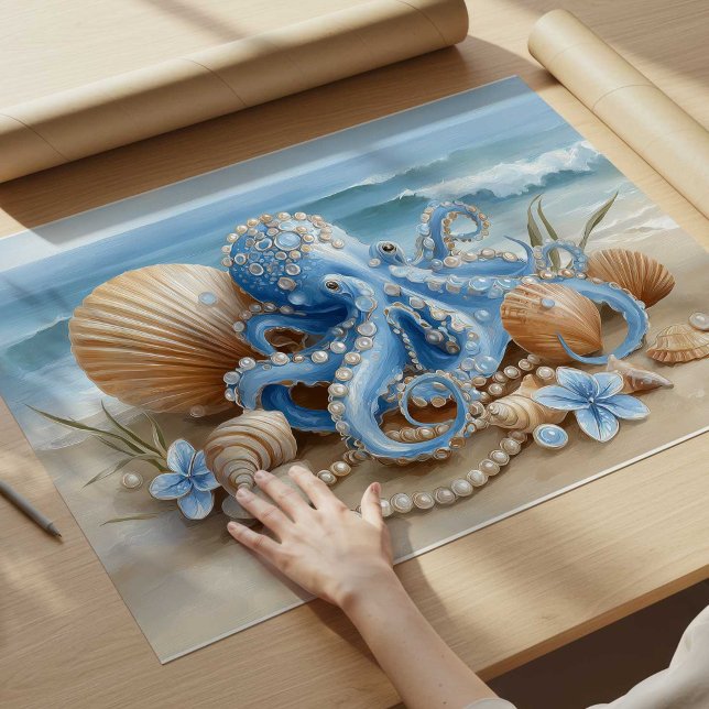 Impressão de Arte de Parede Costeira de Polvo Azul (Blue Octopus Coastal Wall Art Print | Wall Poster by TinkPrints.)