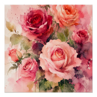 Impressão de Arte de Parede de Buquê de Rosa em Aq