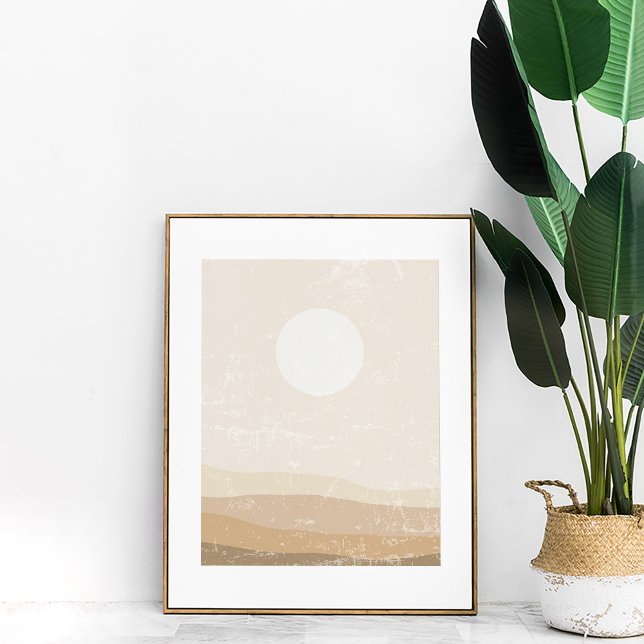Impressão de Arte de Parede de Paisagem de Pôr do  (Boho Minimalist Neutral Sunset Wall Art in a copper frame next to a large plant.)
