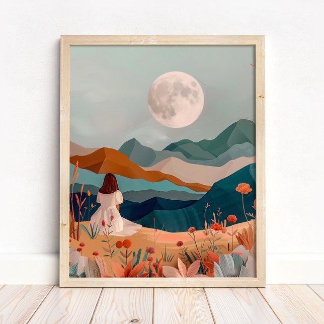 Impressão de Arte de Parede de Paisagem Desértica  (Boho Moonlit Desert Landscape Wall Art Print in a neutral wooden frame on the floor)