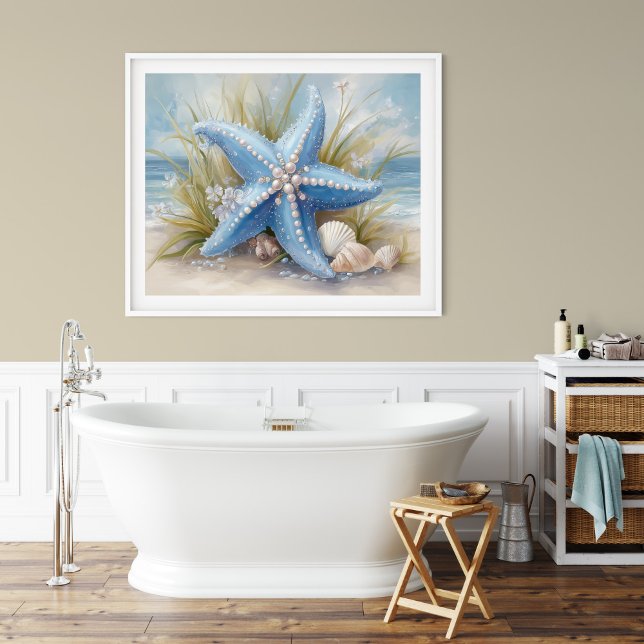 Impressão de Arte de Parede Estrela-do-Mar Azul Su (Soft Blue Starfish Coastal Wall Art Print | Poster by TinkPrints.)