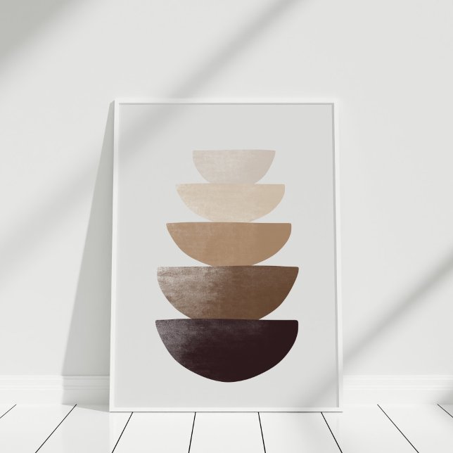 Impressão de Arte de Paredes de Tigelas Empilhadas (Neutral Abstract Bowls Wall Art in white frame against white wall.)