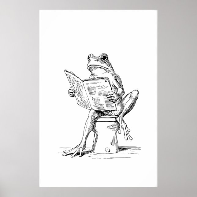 Impressão de Arte de Sapo Lendo Banheiro Preto e B (Frente)