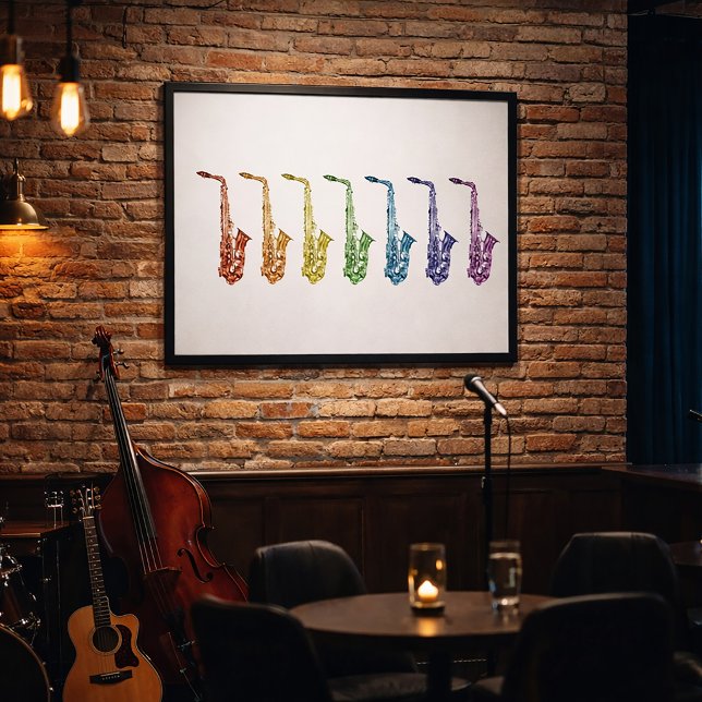 Impressão de Arte de Saxofone Arco-íris (A poster featuring a rainbow lineup of alto saxophones.)