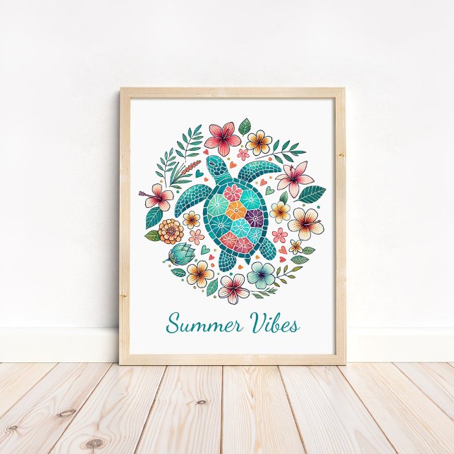 Impressão de Arte de Tartaruga Marinha Boho - Arte (Boho Sea Turtle Art Print - Ocean Wall Art in a neutral wooden frame on the floor)