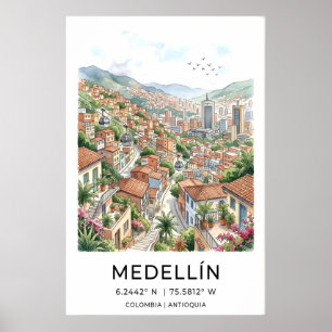 Impressão de Arte de Viagem de Medellín Boho Aquar