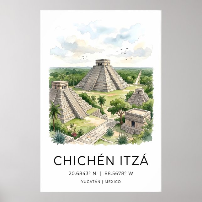 Impressão de Arte de Viagem Maia, Pirâmide de Chic (Frente)