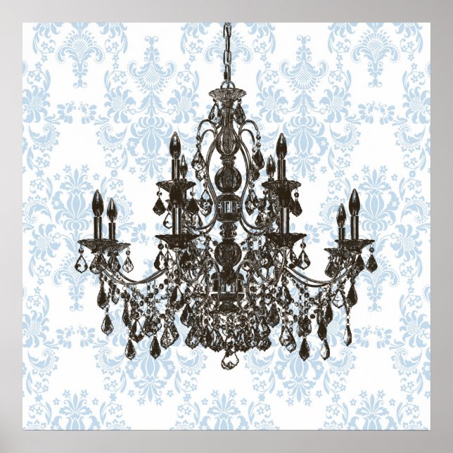 Impressão de Arte de Wall Chandelier Damask Azul (Frente)
